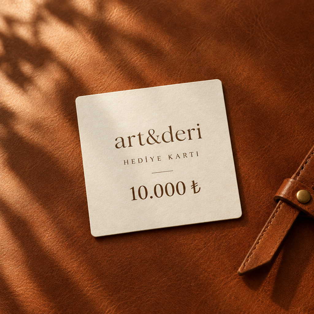 art&deri 10.000 ₺ hediye kartı, deri zemin üzerinde açık renk kart