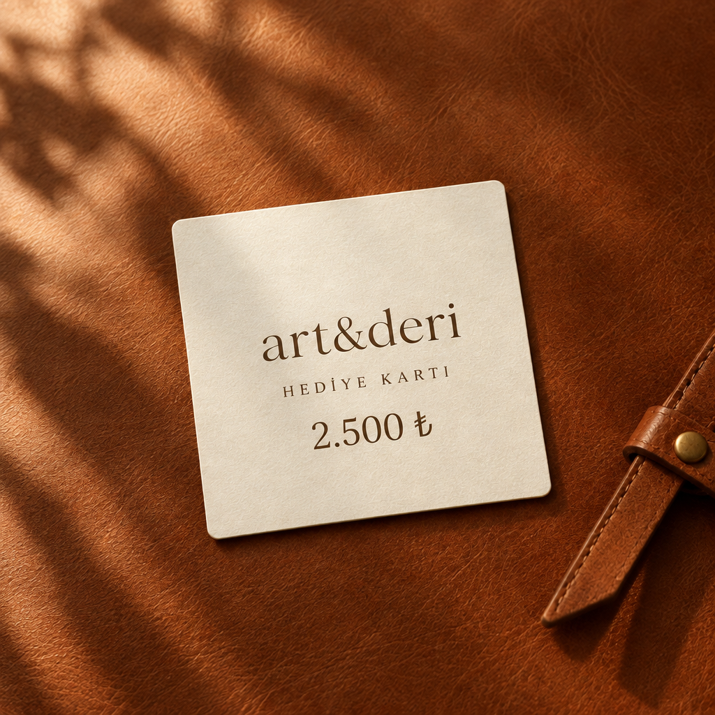 art&deri 2.500 ₺ hediye kartı, deri zemin üzerinde açık renk kart